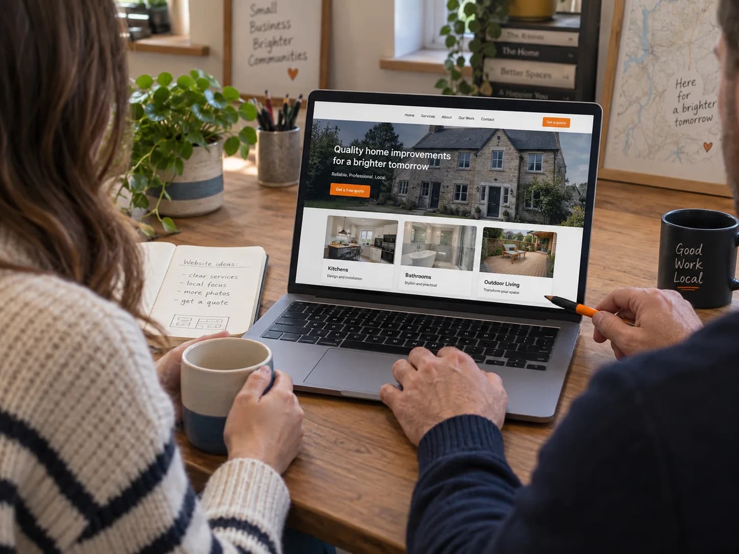 A local business owner and consultant reviewing a website together on a laptop